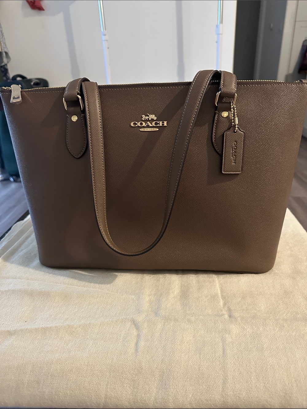 Coach Brown Saffiano Leather Tote with Gold Hardware